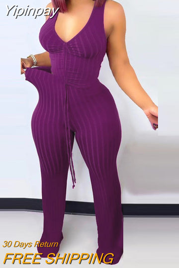 Yipinpay Women Elegant Solid Sleeveless Sexy Cami Crop Tops Shirring V Neck  Long Pants Straight Pants Sets